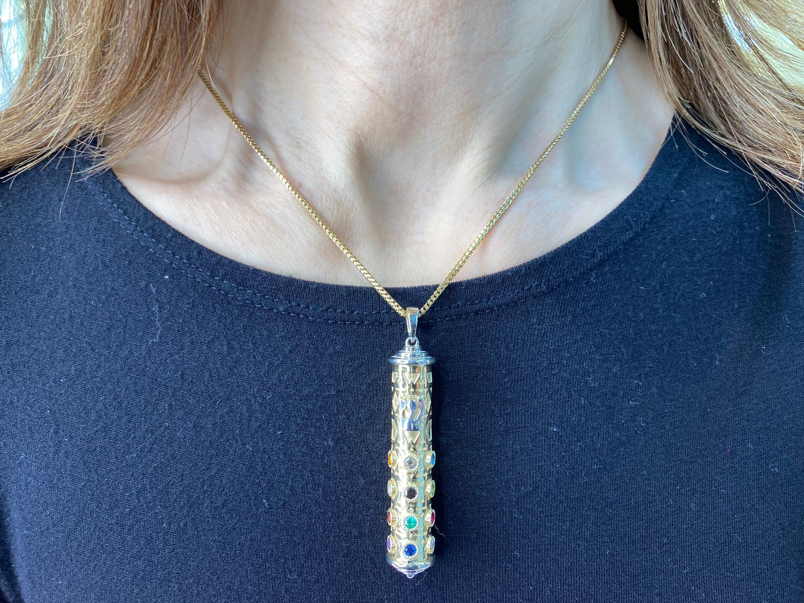 Mezuzah Pendant in 14K Two Tone Gold with Hoshen Stones - Talisman