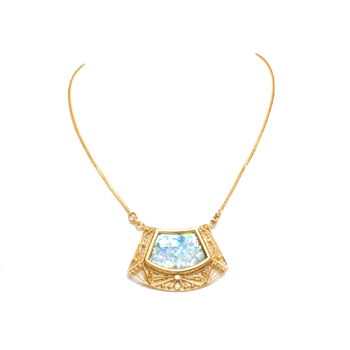 14k Roman Glass Trapezoid Gold Filigree Necklace