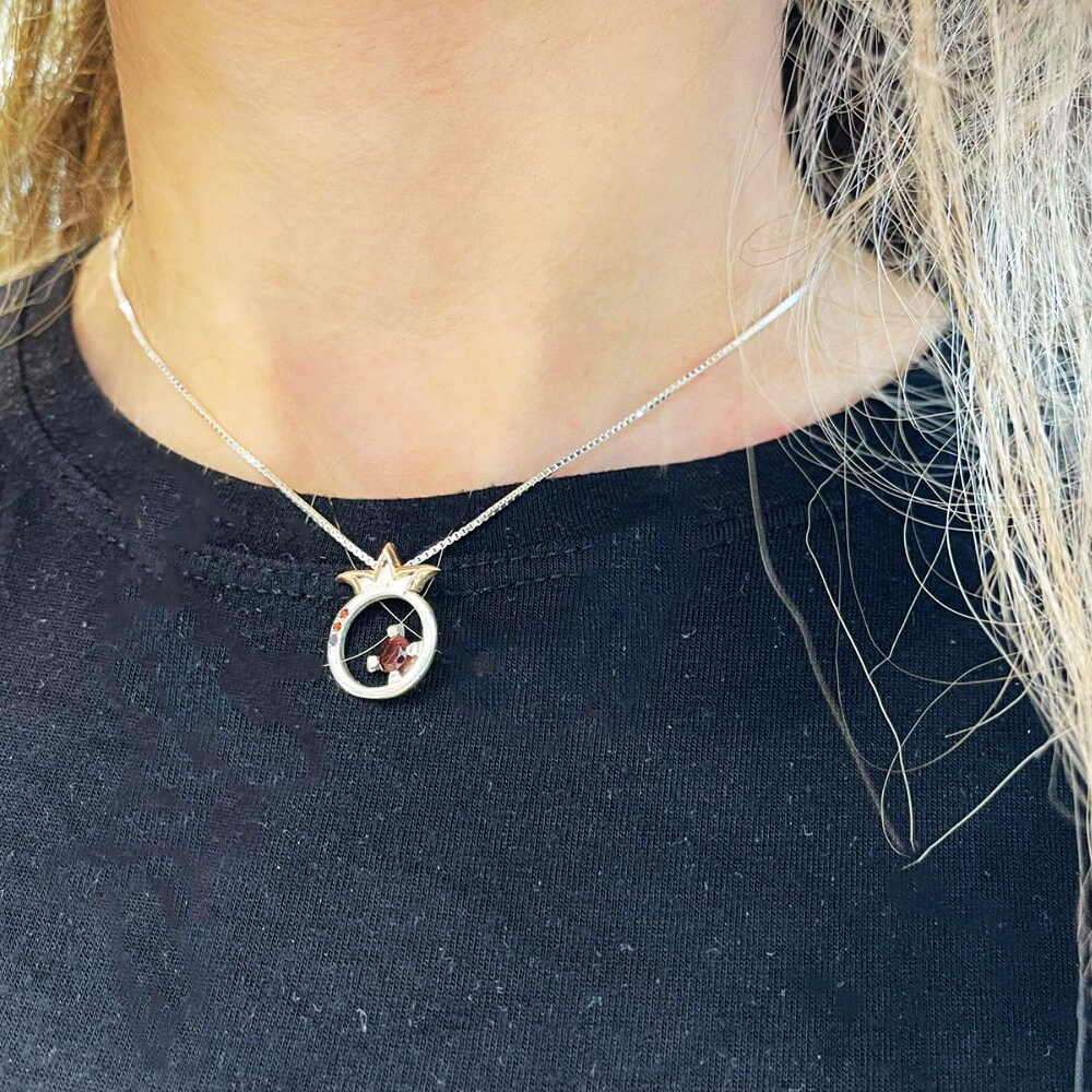 14K Gold and Silver Pomegranate with Garnet Kabbalah Pendant Set