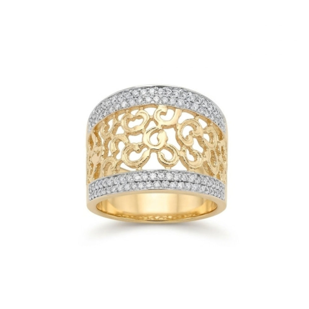 14K Gold Two-Tone Filigree Wide Band Diamond Ring