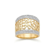 14K Gold Two-Tone Filigree Wide Band Diamond Ring