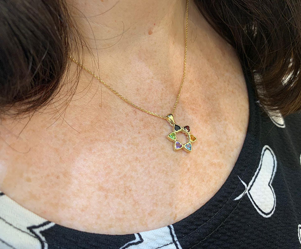 Heart Shaped Colorful Star of David Pendant 14k Gold