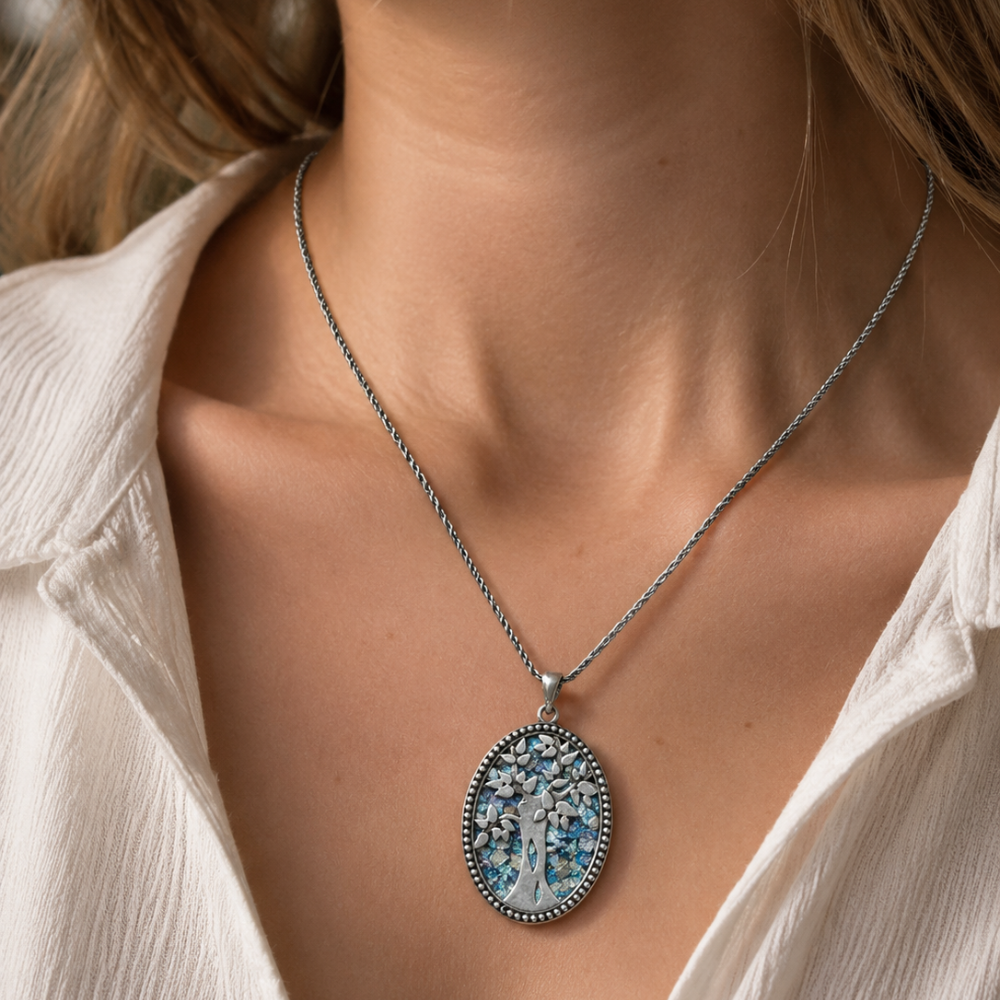 Tree of Life Necklace with Roman Glass in Sterling Silver Oval