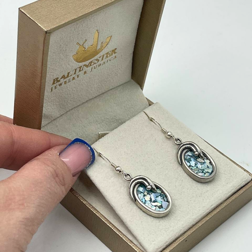 Roman Glass Oval Shaped Silver Earrings