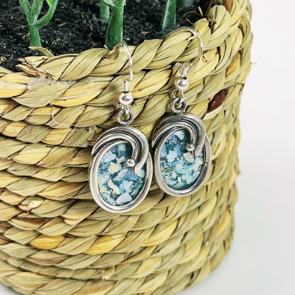 Roman Glass Oval Shaped Silver Earrings