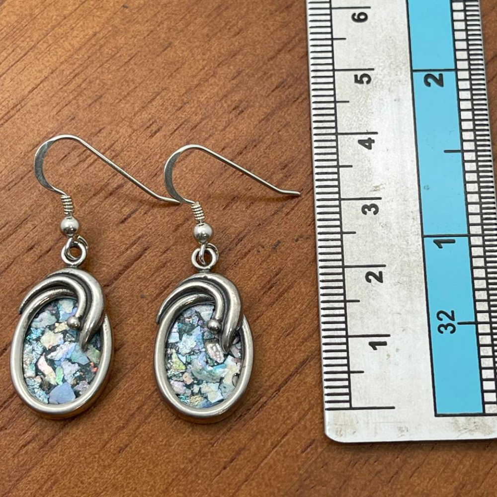 Roman Glass Oval Shaped Silver Earrings