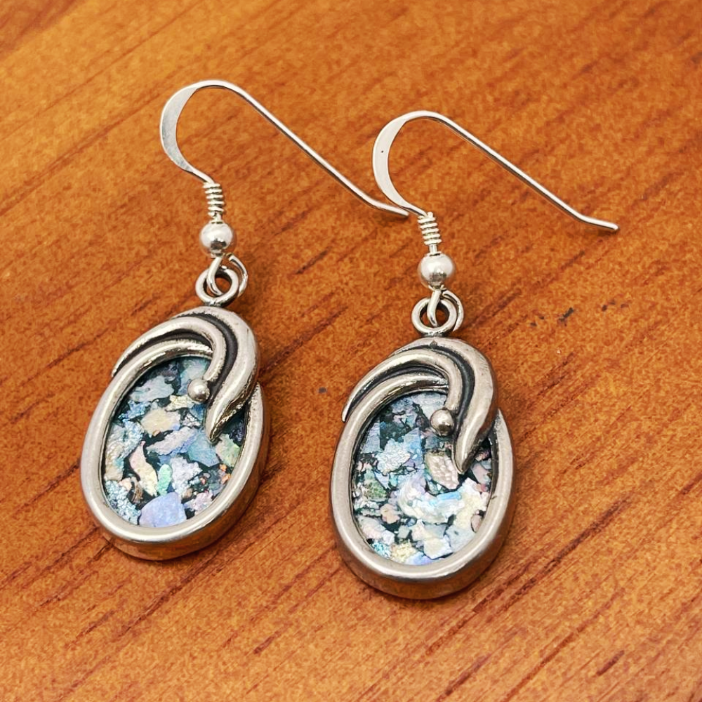 Roman Glass Oval Shaped Silver Earrings