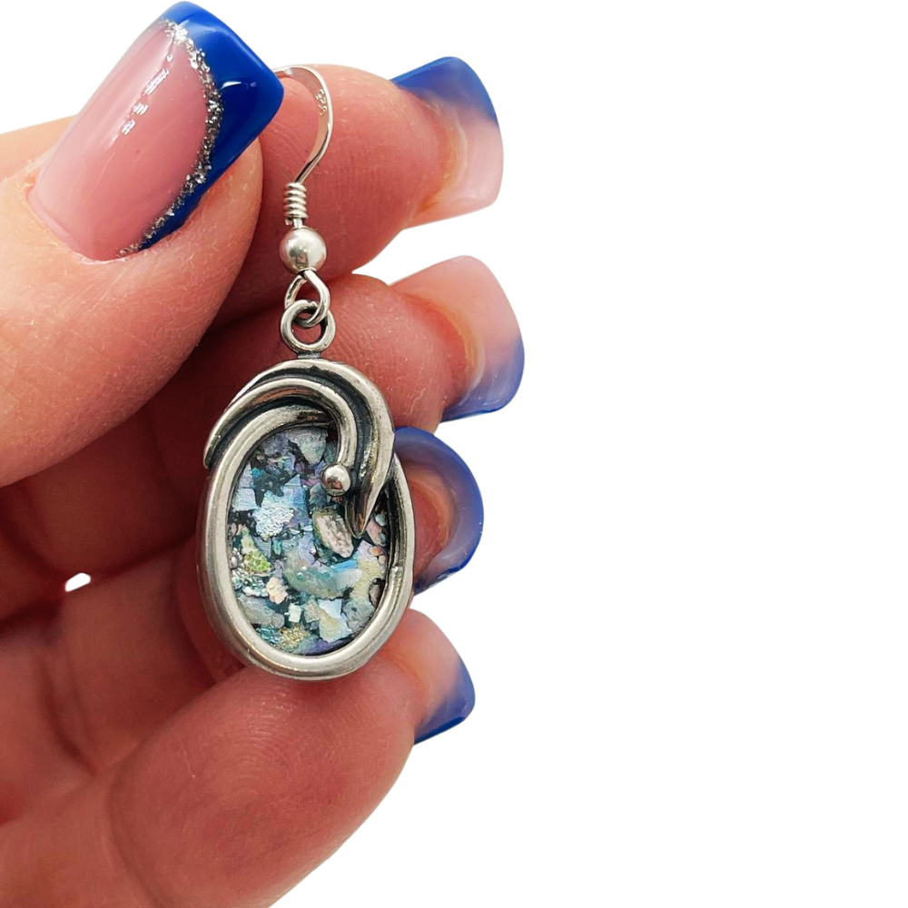 Roman Glass Oval Shaped Silver Earrings
