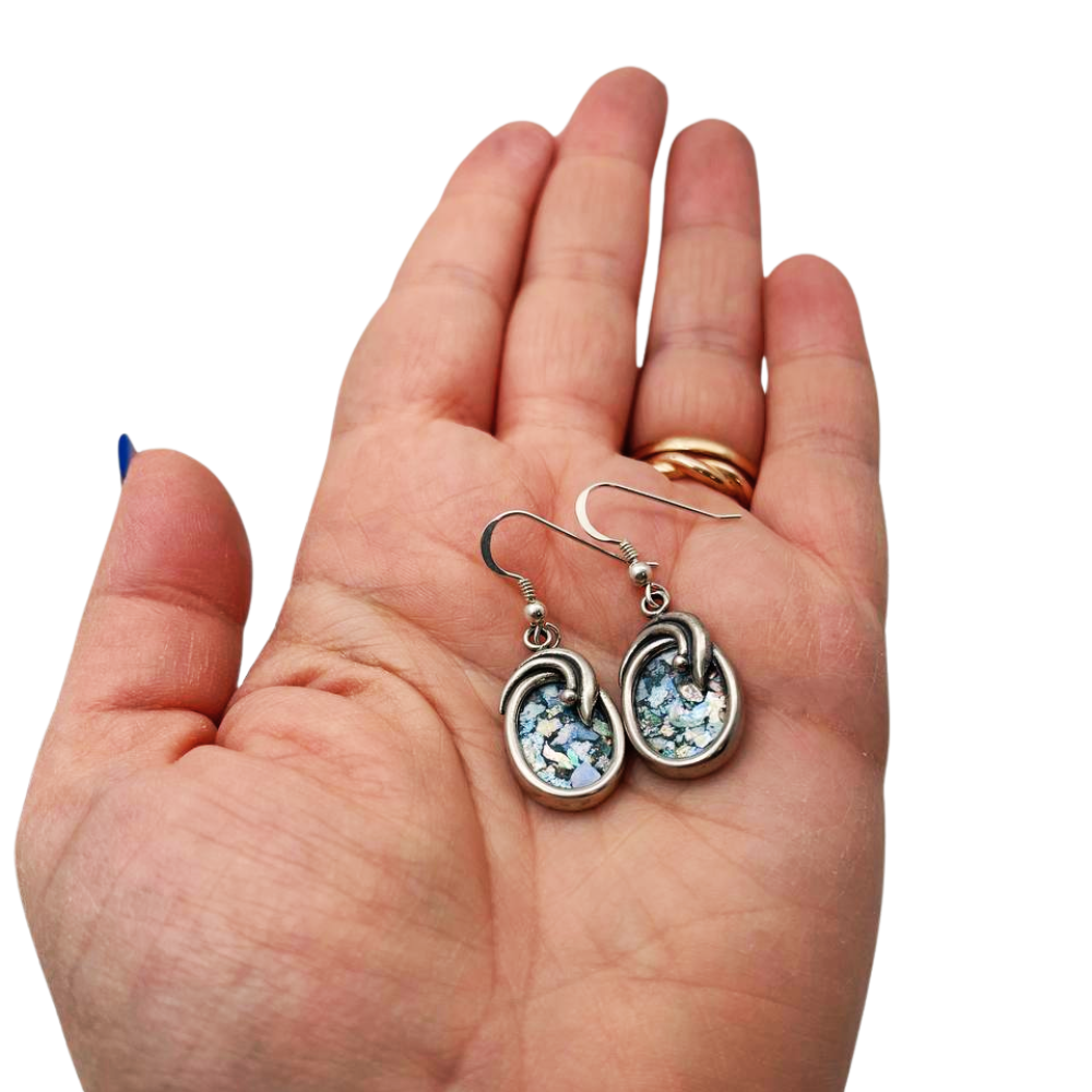 Roman Glass Oval Shaped Silver Earrings