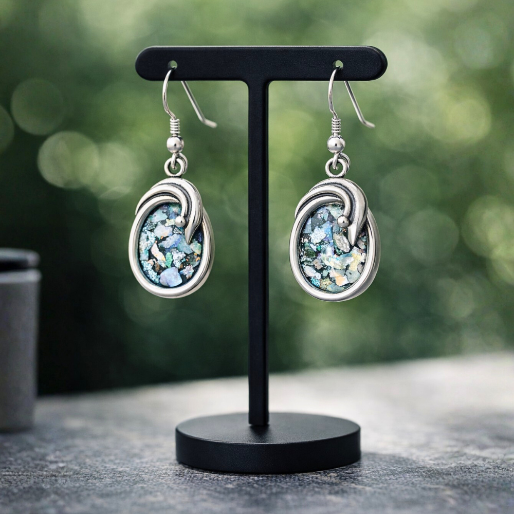 Roman Glass Oval Shaped Silver Earrings