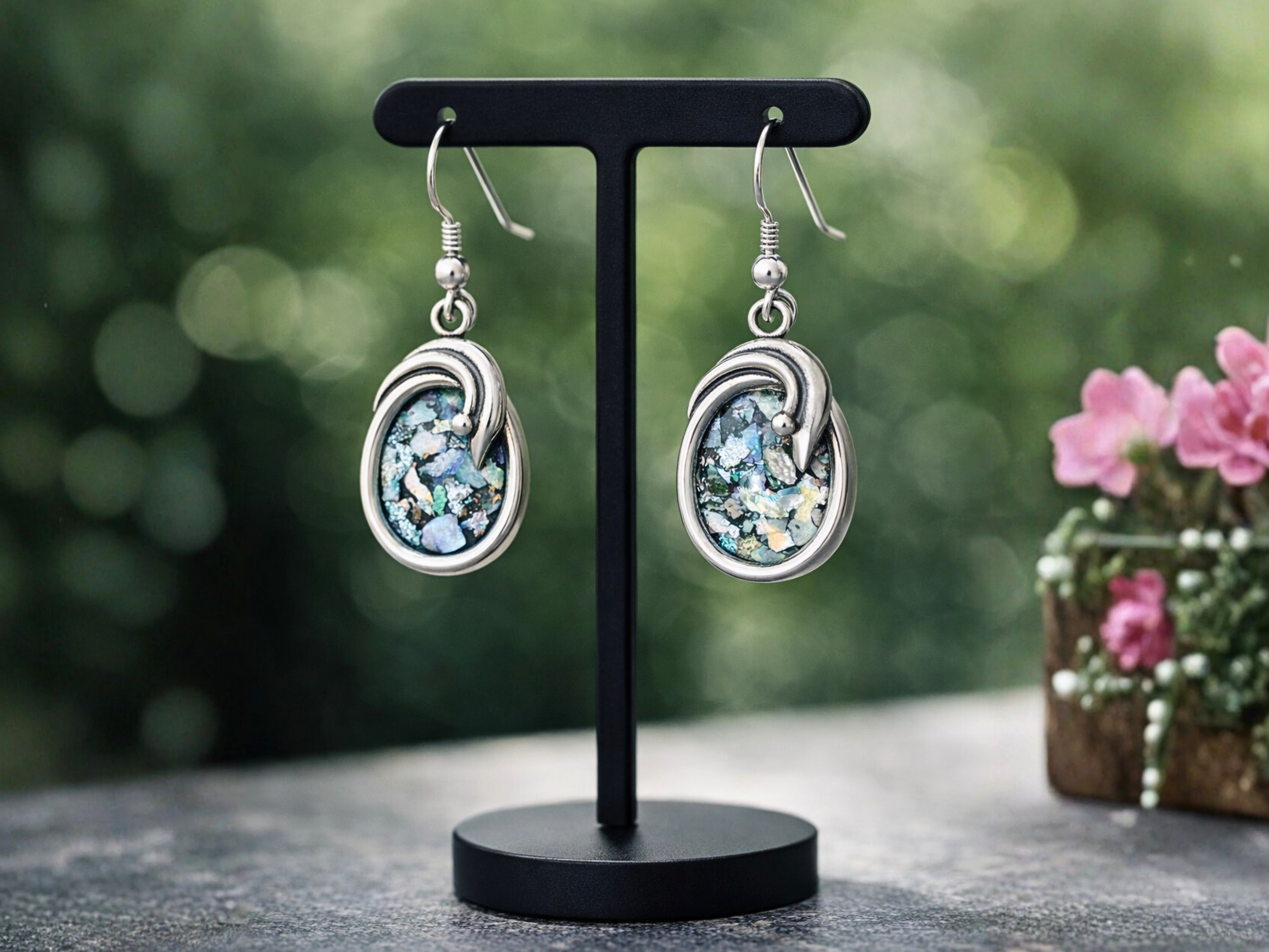 Roman Glass Oval Shaped Silver Earrings
