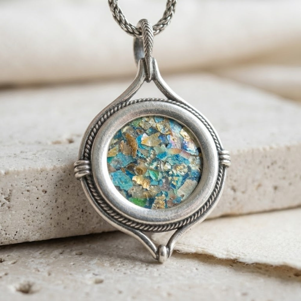 Silver Roman Glass Circular Nautical Necklace
