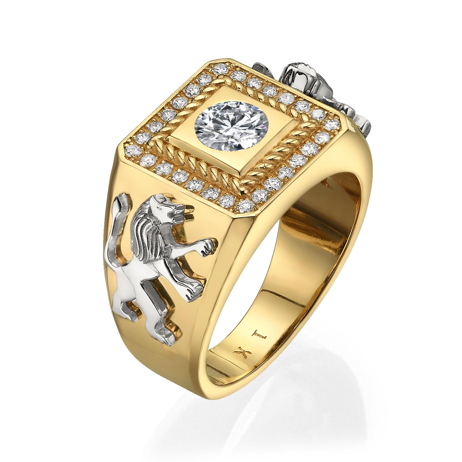 14K Two Tone Gold Diamond Lion of Judah Signet Ring