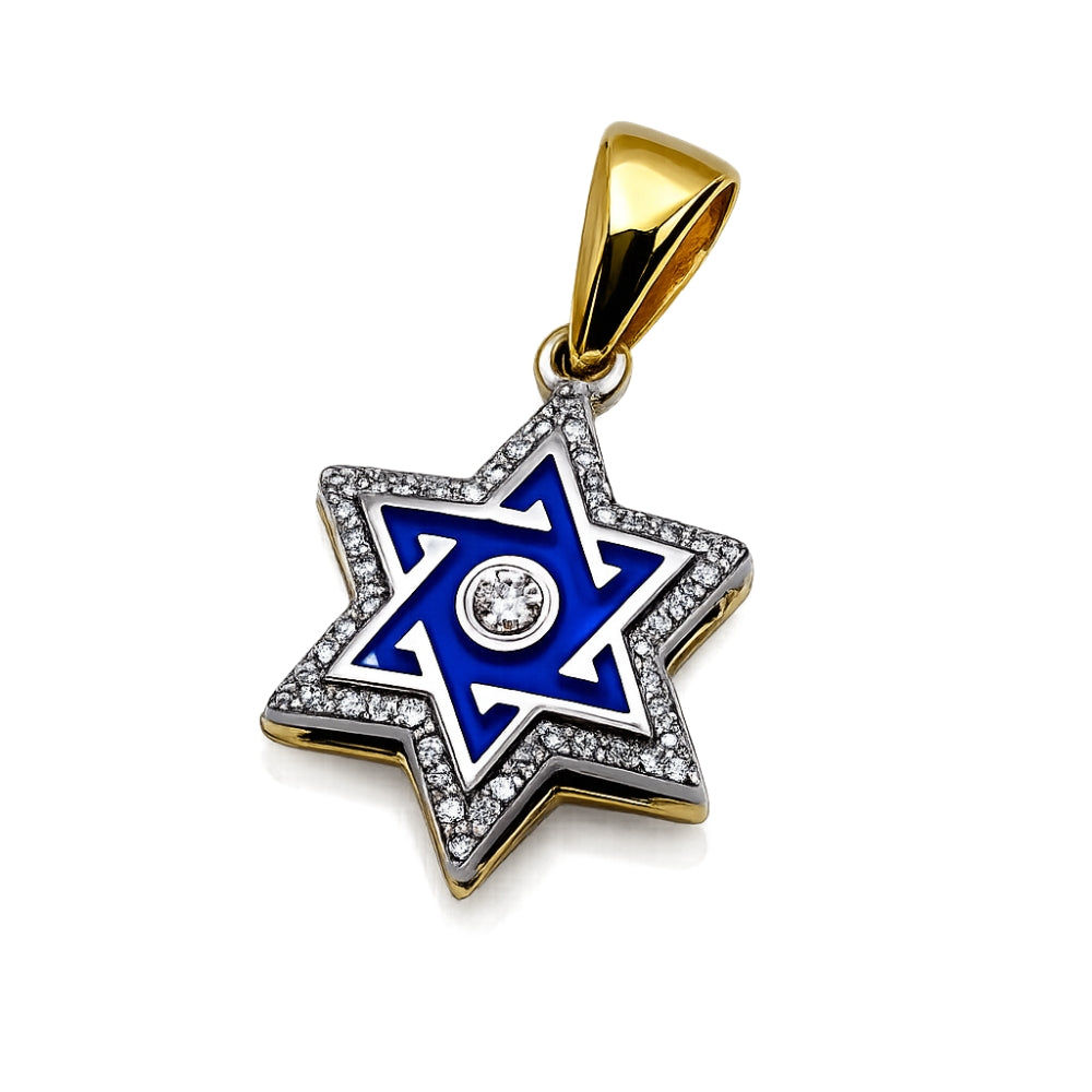 Star of David Pendant with Diamond Studded Border in 14K Yellow & White Gold with Blue Enamel