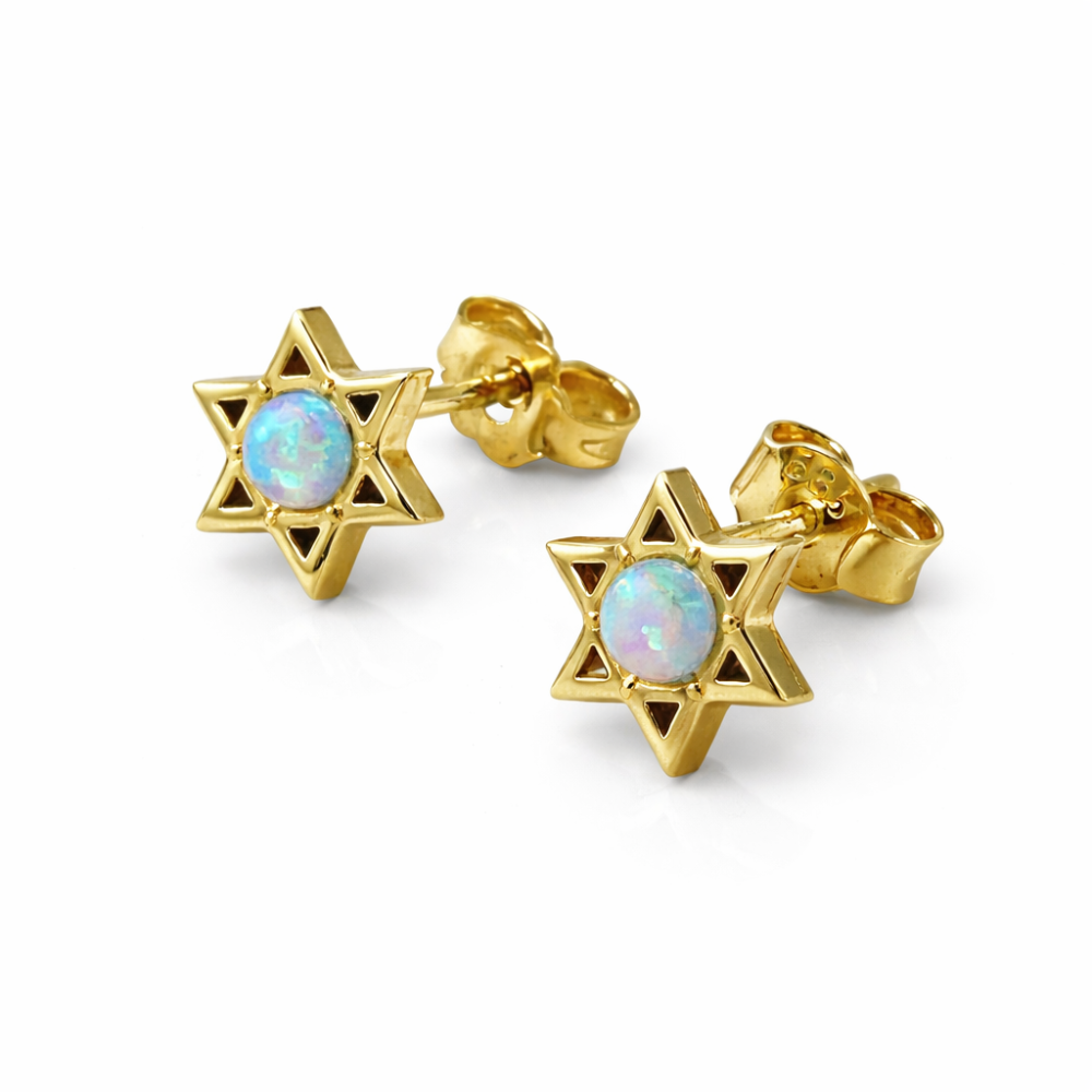 Star of David Stud Earrings with Opalite in 14K Gold