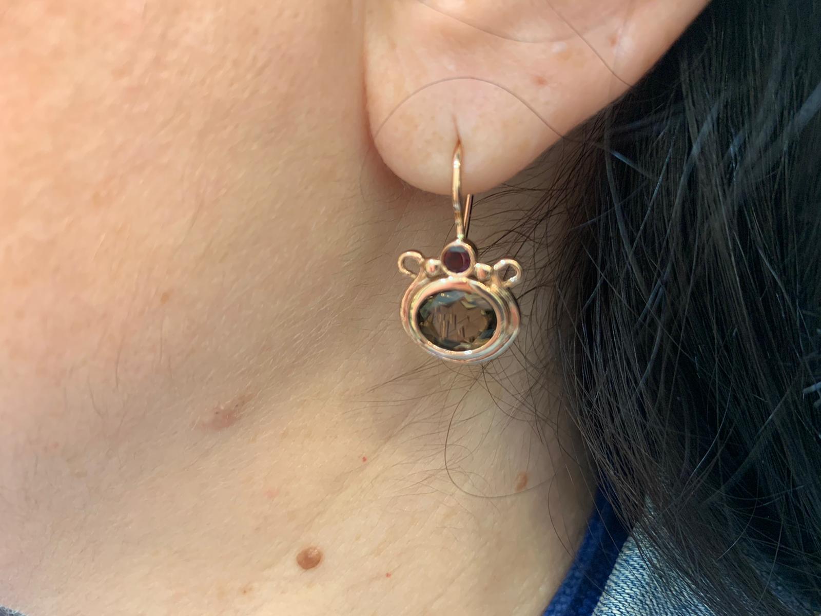 14k Rose Gold Smoky Topaz Garnets Pomegranate Hook Earrings