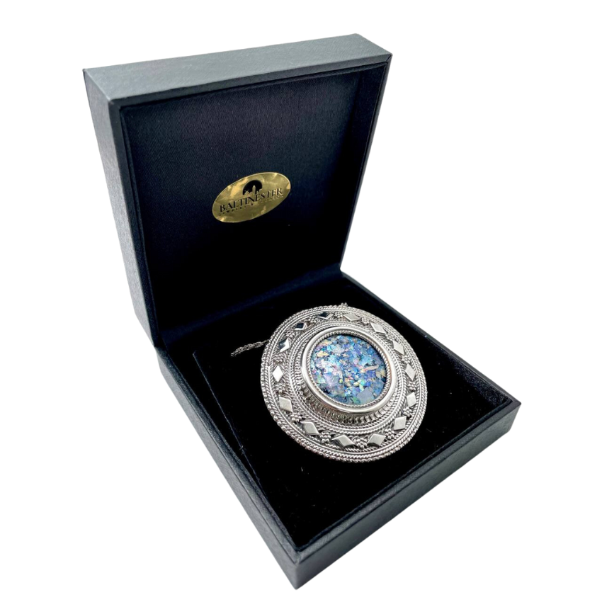 Sterling Silver Round Yemenite Roman Glass Necklace Cum Brooch