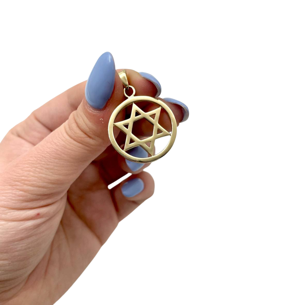 Classic 14k Gold Star of David Round Pendant