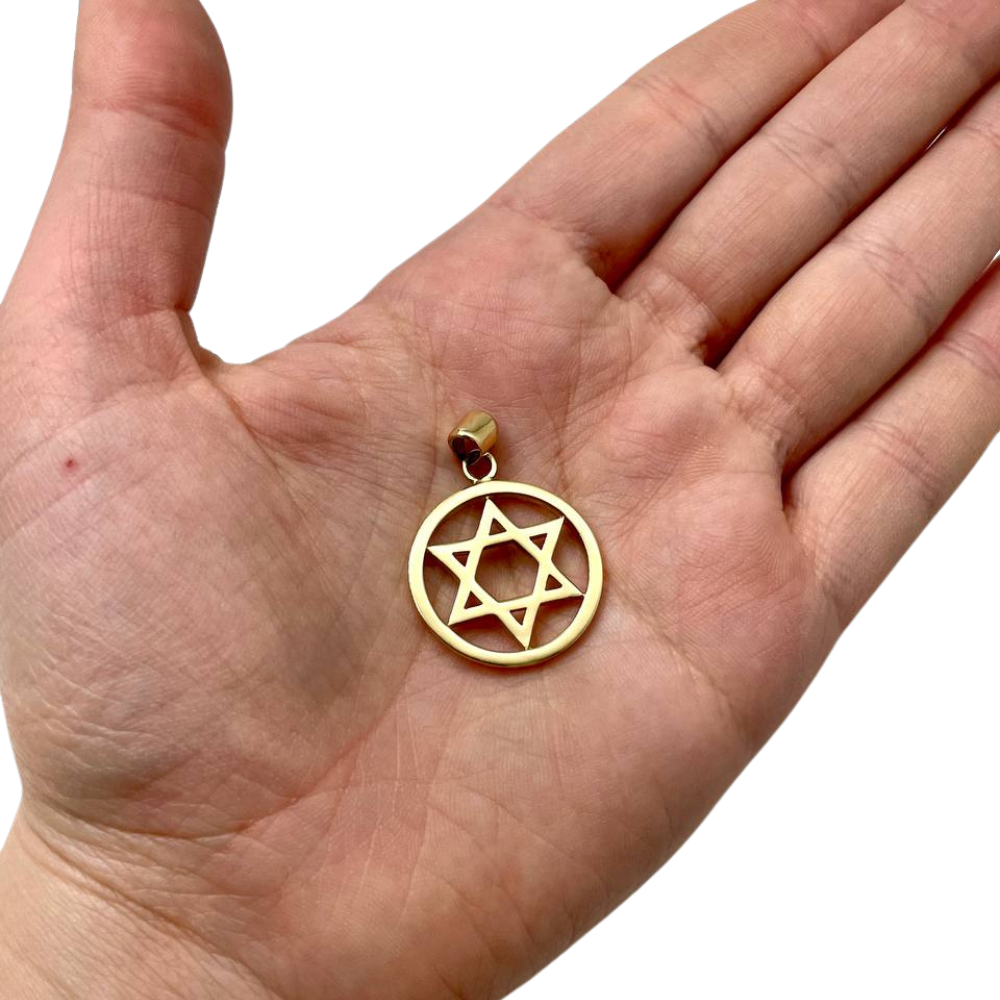 Classic 14k Gold Star of David Round Pendant