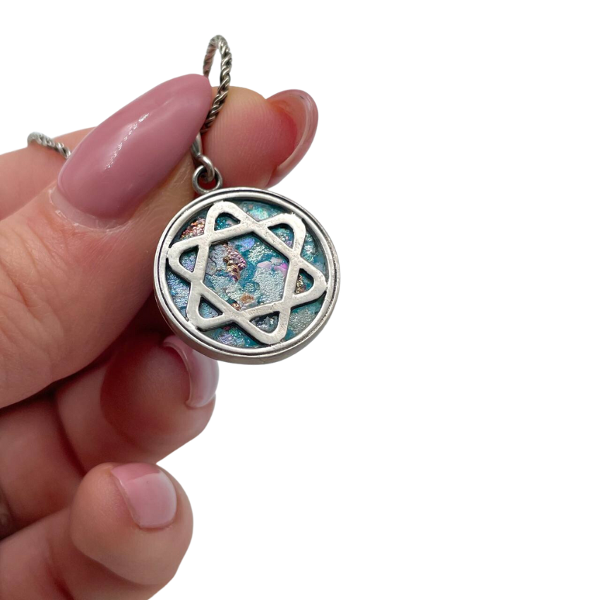 Silver Star of David Roman Glass Necklace