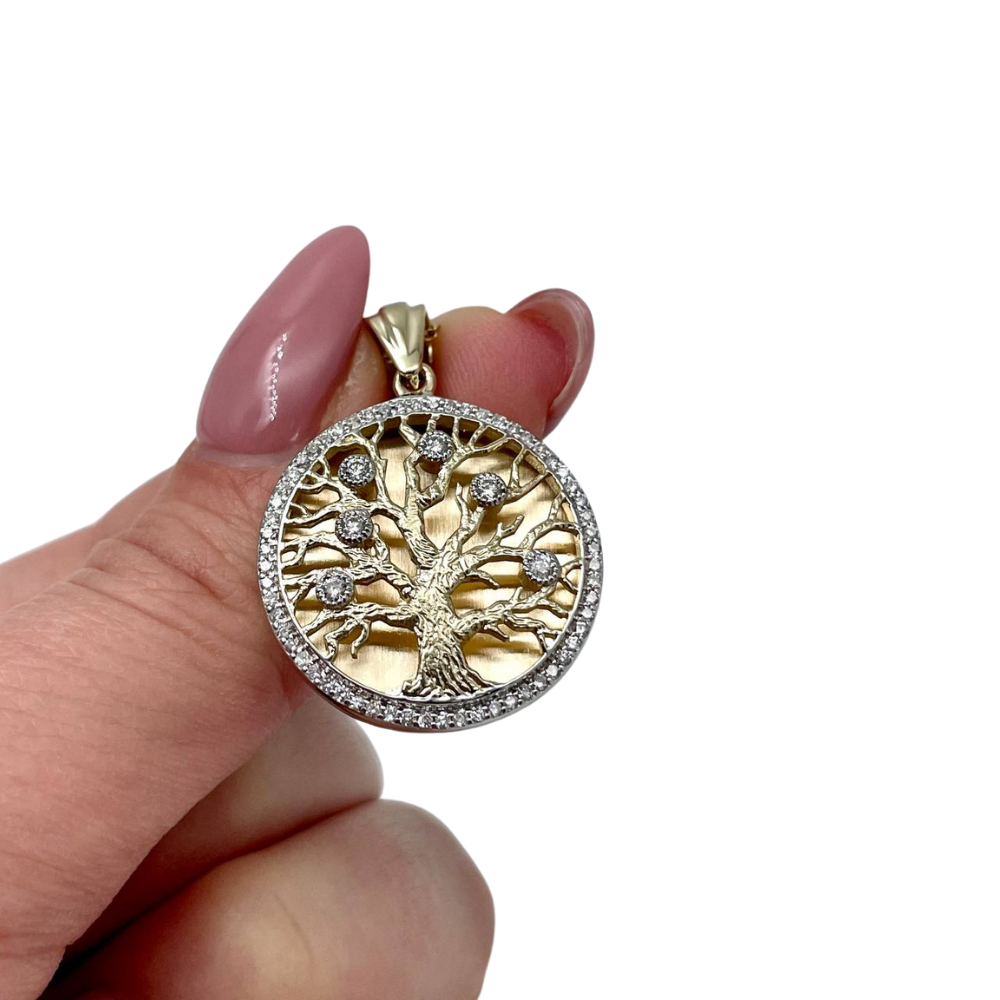 Tree of Life Pendant - 14K Yellow Gold Diamond Round