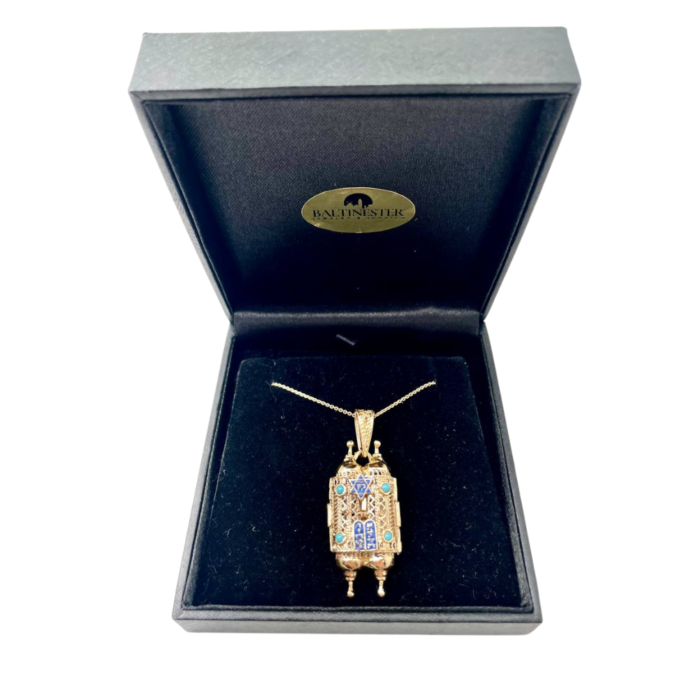 Turquoise 14k Gold Filigree Torah Pendant