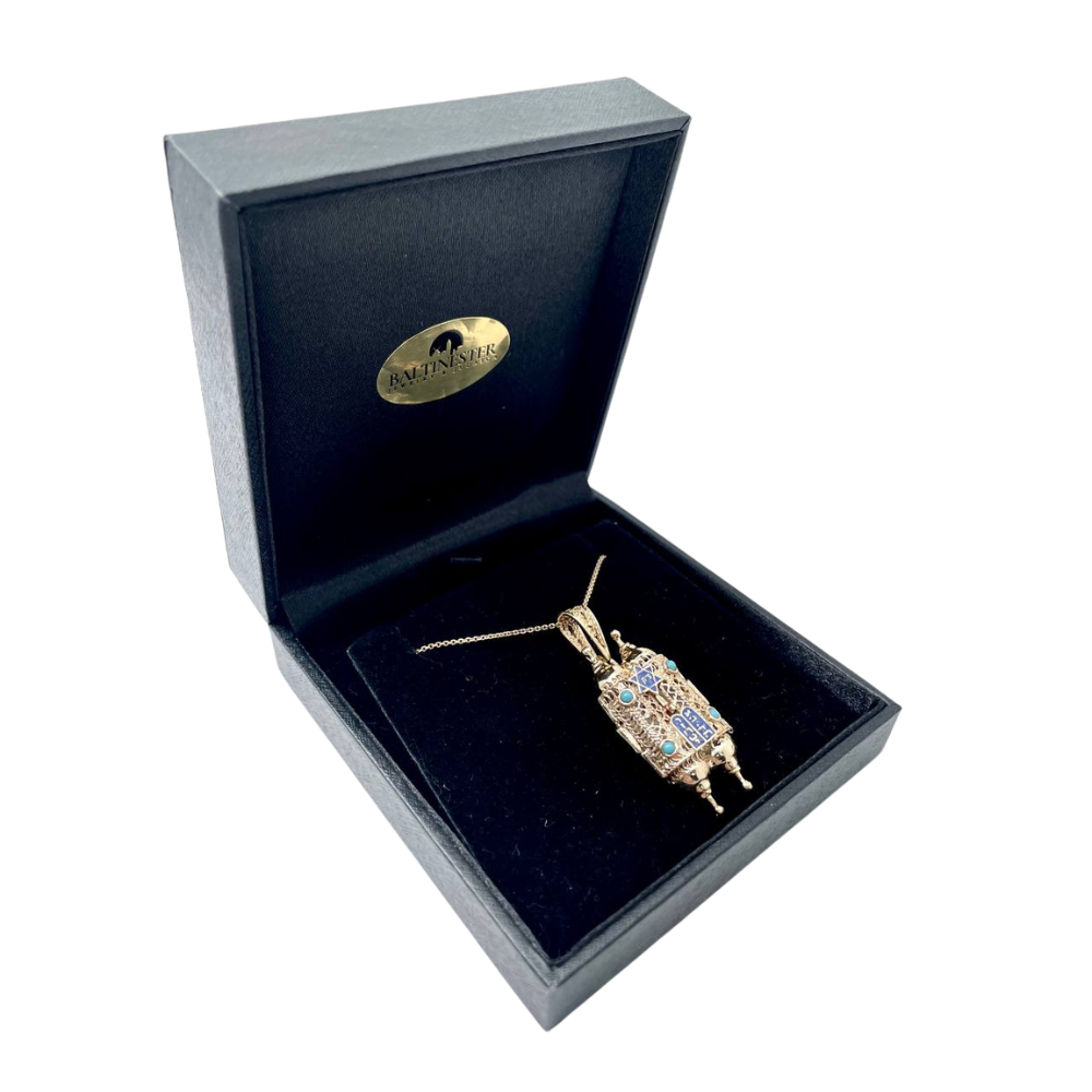 Turquoise 14k Gold Filigree Torah Pendant