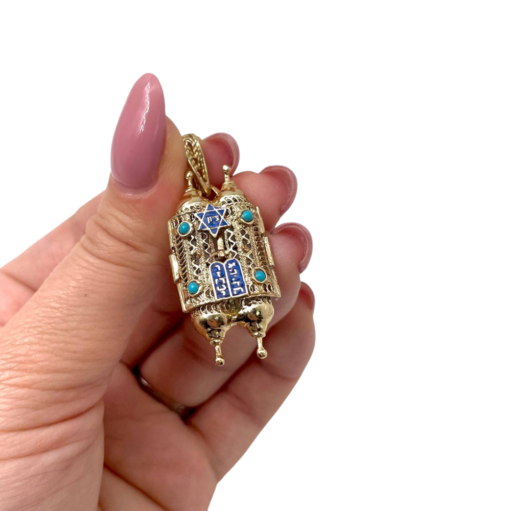 Turquoise 14k Gold Filigree Torah Pendant