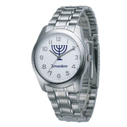 Silver Stainless Steel Strap Watch with Menorah