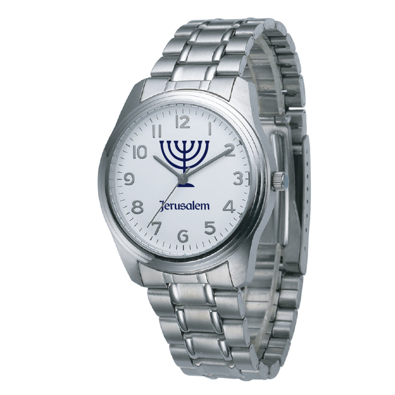 Silver Stainless Steel Strap Watch with Menorah