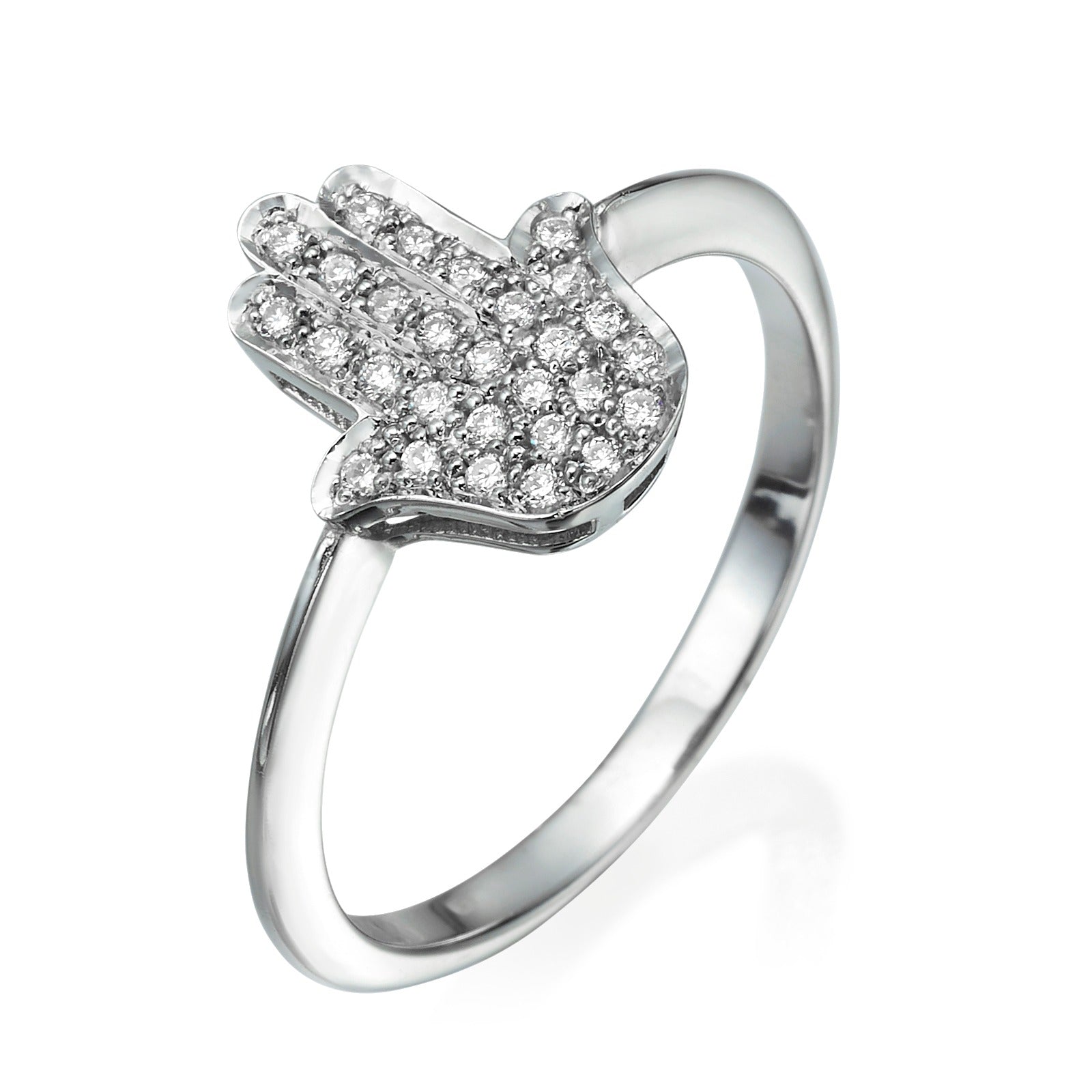 14k White Gold Small Diamond Hamsa Ring