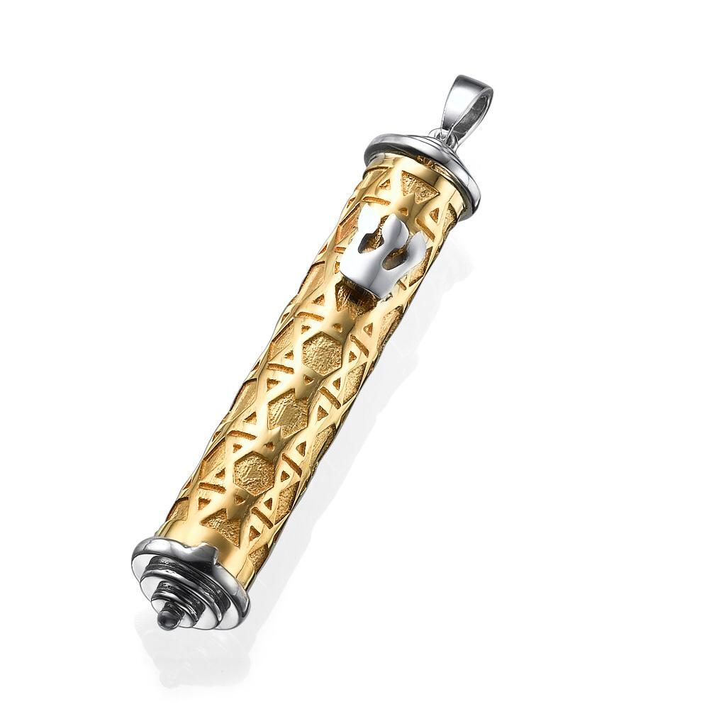 14K Two Tone Gold Star of David Design Mezuzah Pendant