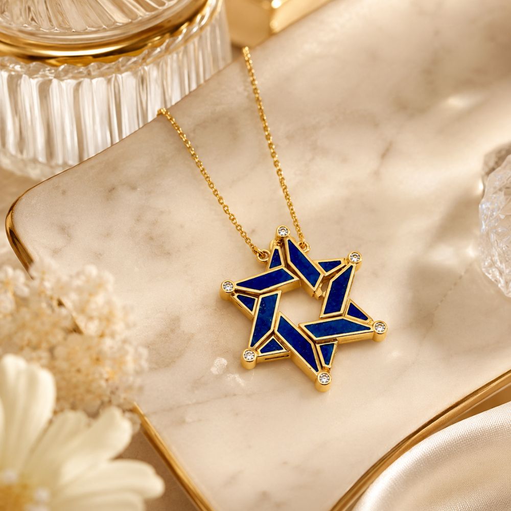 14K Gold Expandable Star of David Butterfly Necklace with Blue Enamel & Diamond