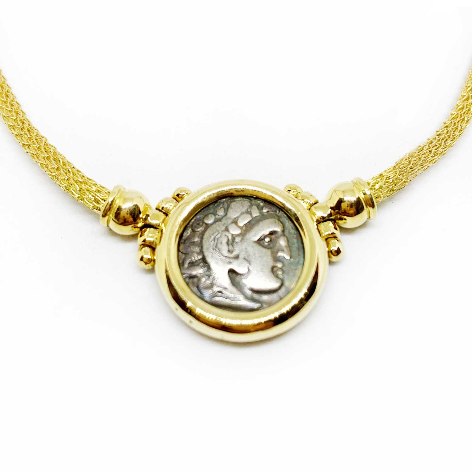 Authentic Rare Alexander the Great Silver Coin 18k Gold Necklace