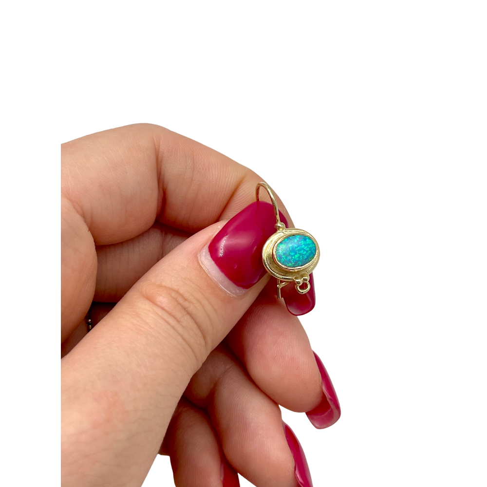 Blue Opal 14k Yellow Gold Hook Round Ethnic Oval Earrings