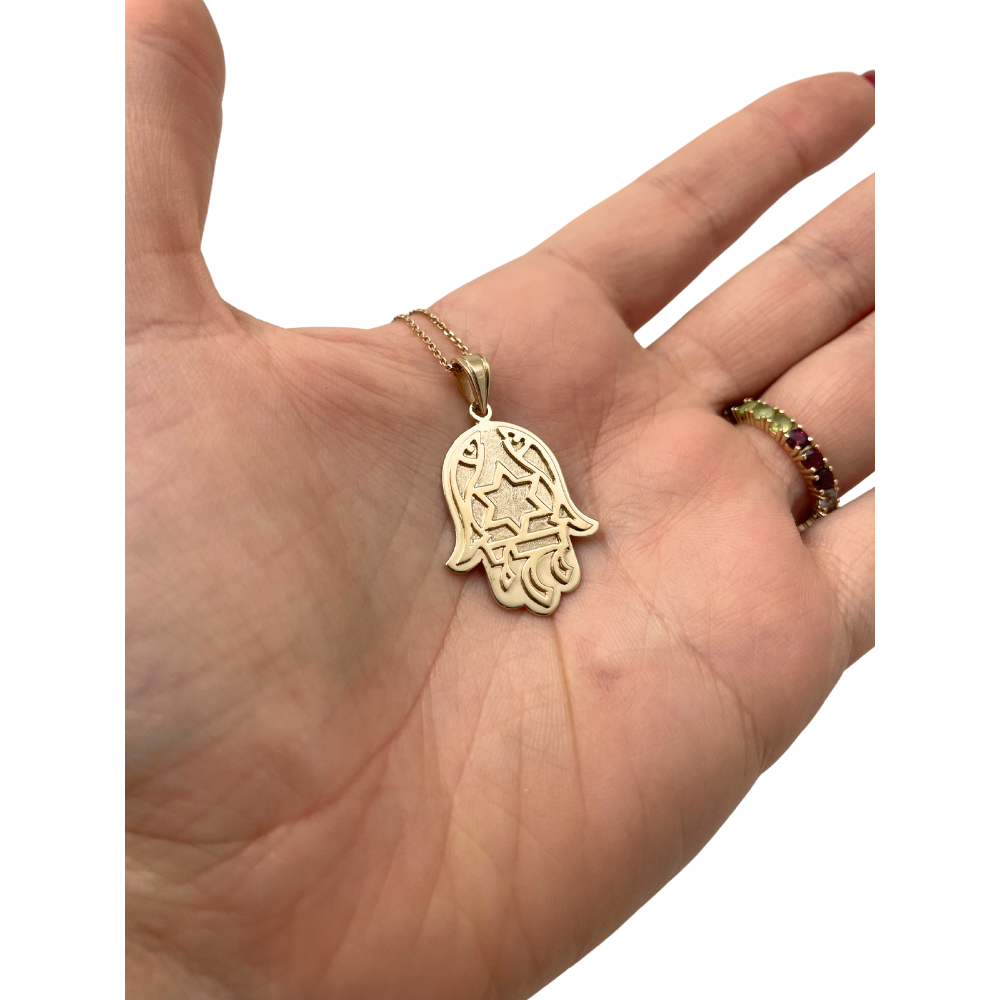 14k Gold Florentine Fish Chai Protection Hamsa Pendant