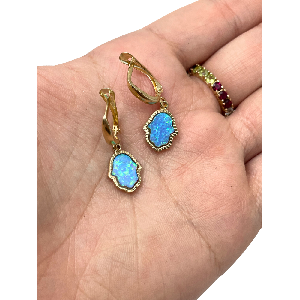 Opal Hamsa Earrings 14k Yellow Gold