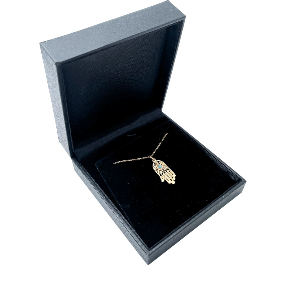 14k Gold Filigree Turquoise Hamsa Pendant