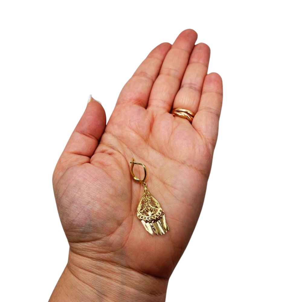14K Gold Teardrop Fringe Filigree Earrings
