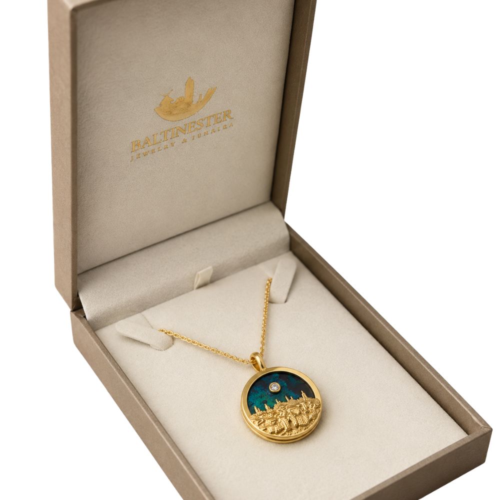 14K Gold Jerusalem Skyline Pendant with Eilat Stone & Diamond