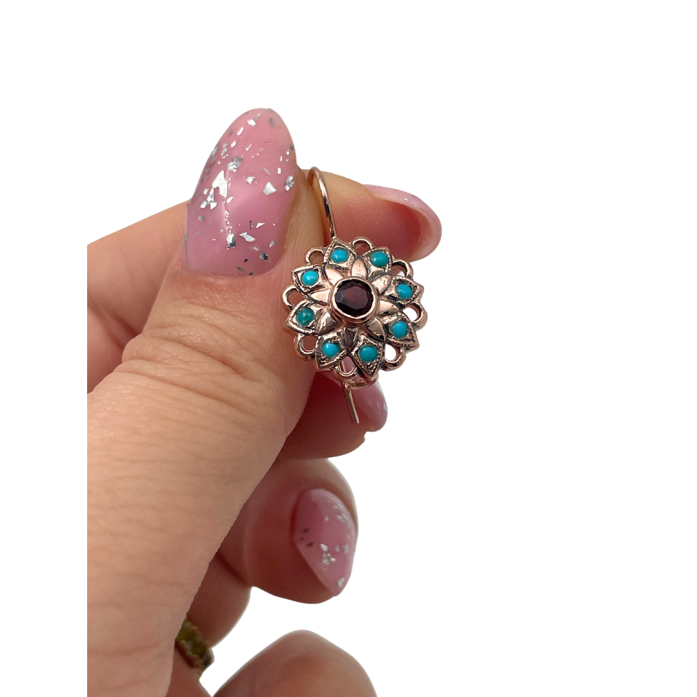 14K Rose Gold Vintage Style Flower Earrings with Garnet and Turquoise