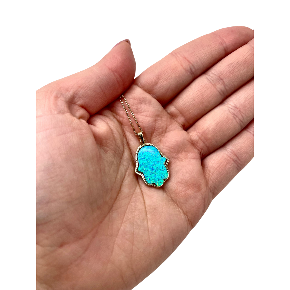 Blue Opal Hamsa Pendant in 14k Yellow Gold