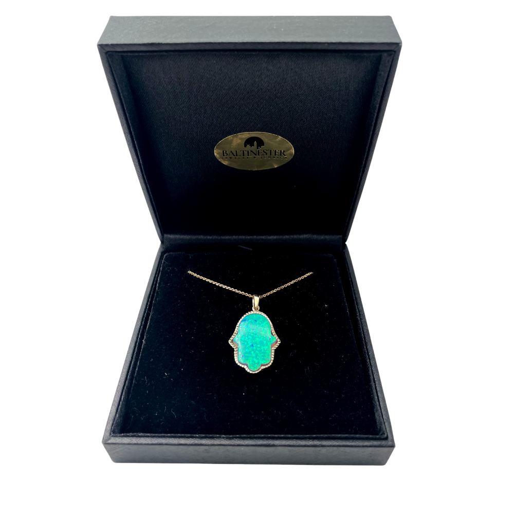 Blue Opal Hamsa Pendant in 14k Yellow Gold