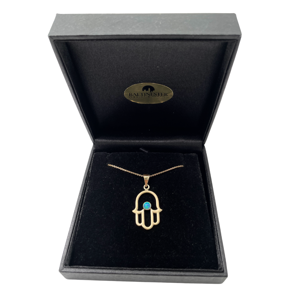 Hamsa Pendant with Light Blue Opal Stone in 14K Gold