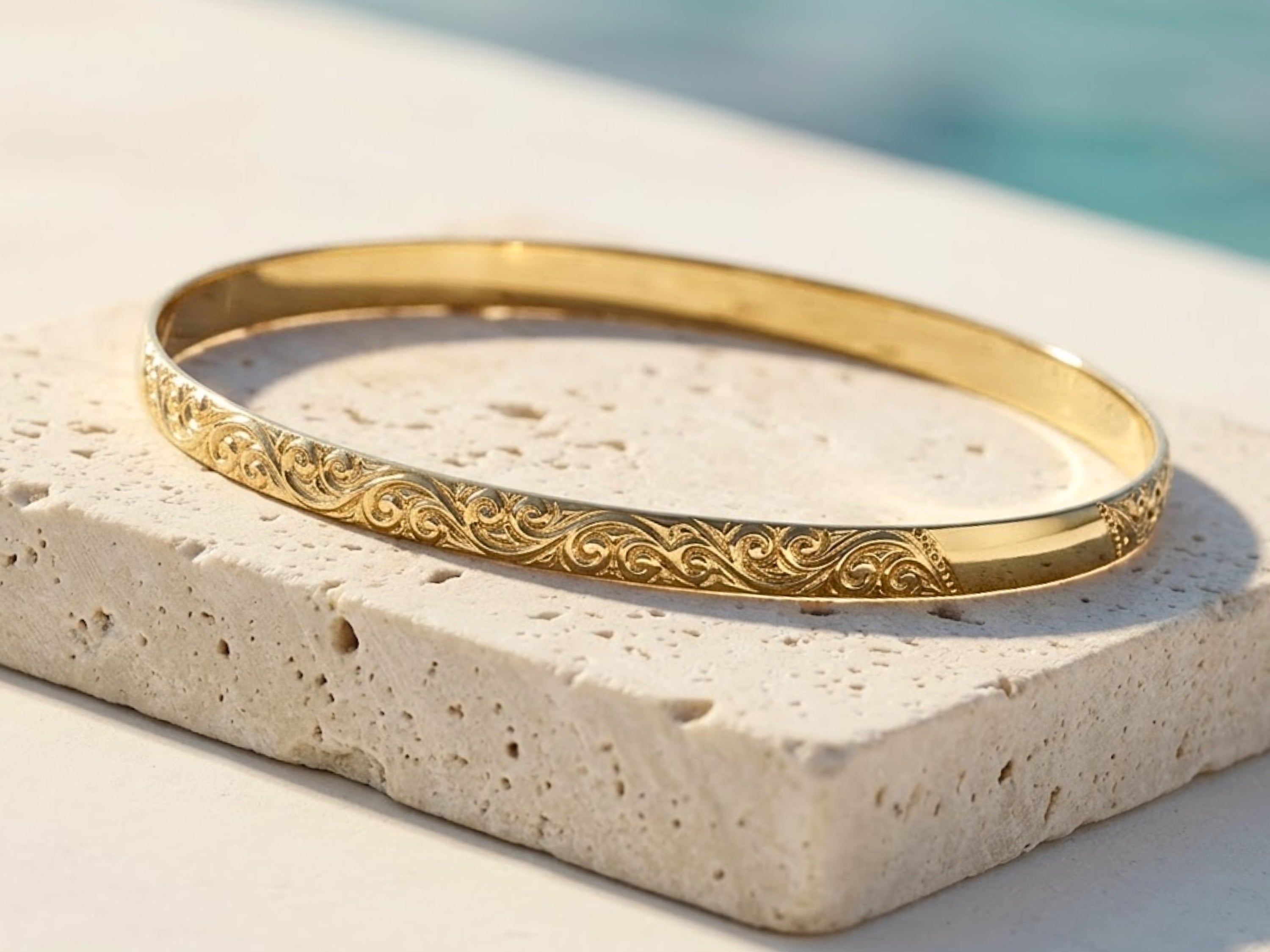 14k Gold Etched Swirls Moroccan Bangle Bracelet