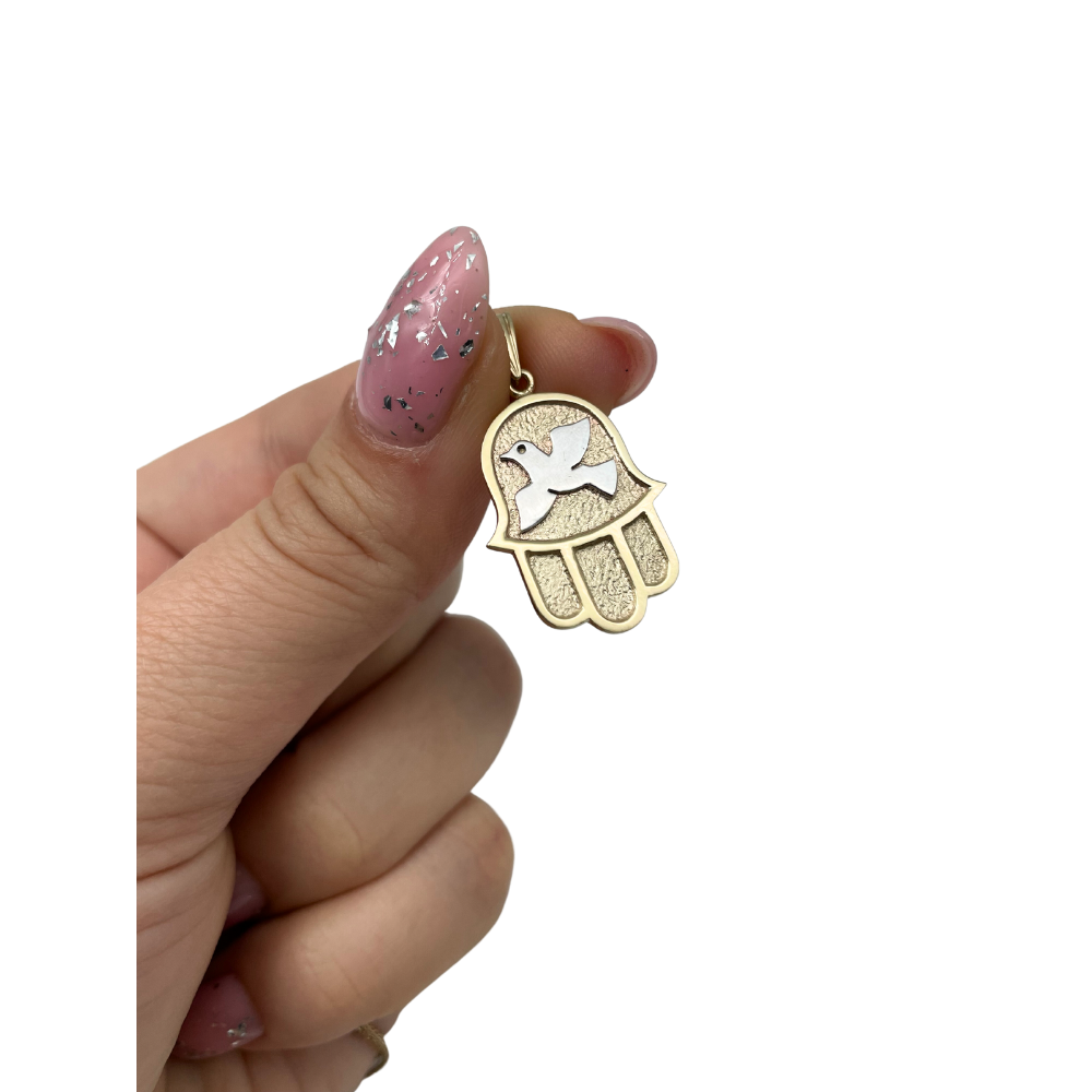 Dove Hamsa Pendant in 14k Gold Florentine