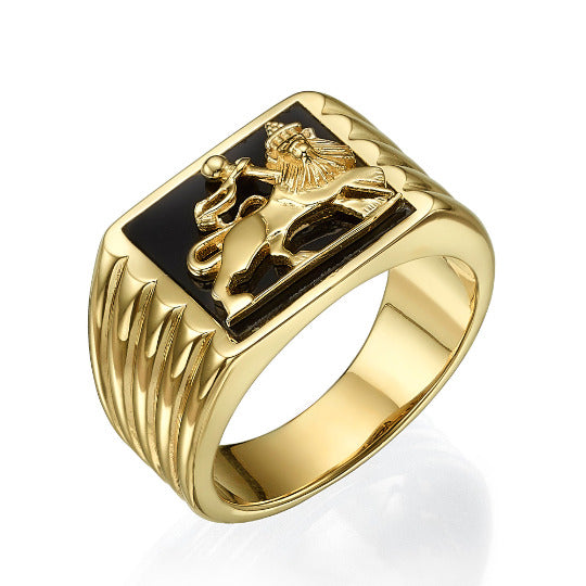 Bob Marley Style 14K Yellow Gold & Onyx Lion of Judah Ring