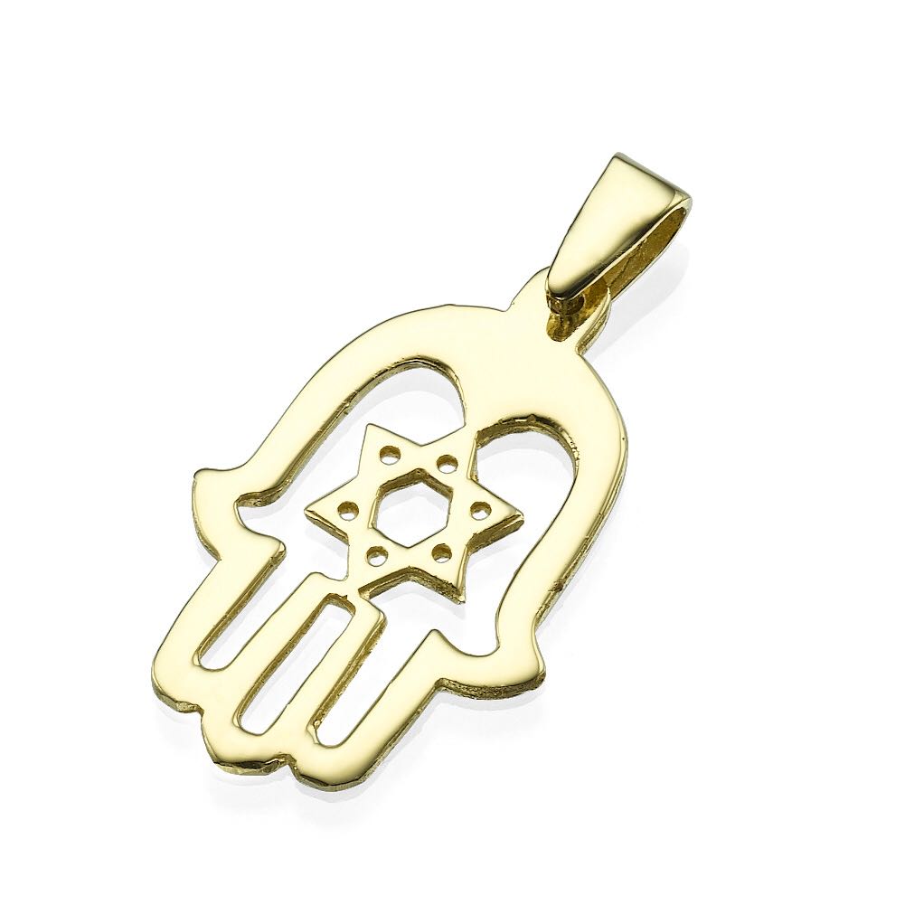 Hamsa Hand Star of David Pendant - 14k Gold