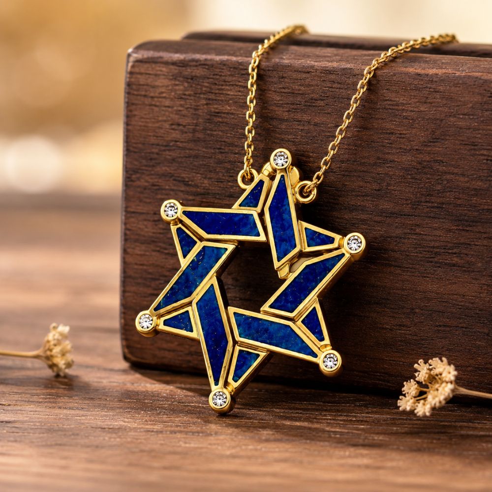 14K Gold Expandable Star of David Butterfly Necklace with Blue Enamel & Diamond