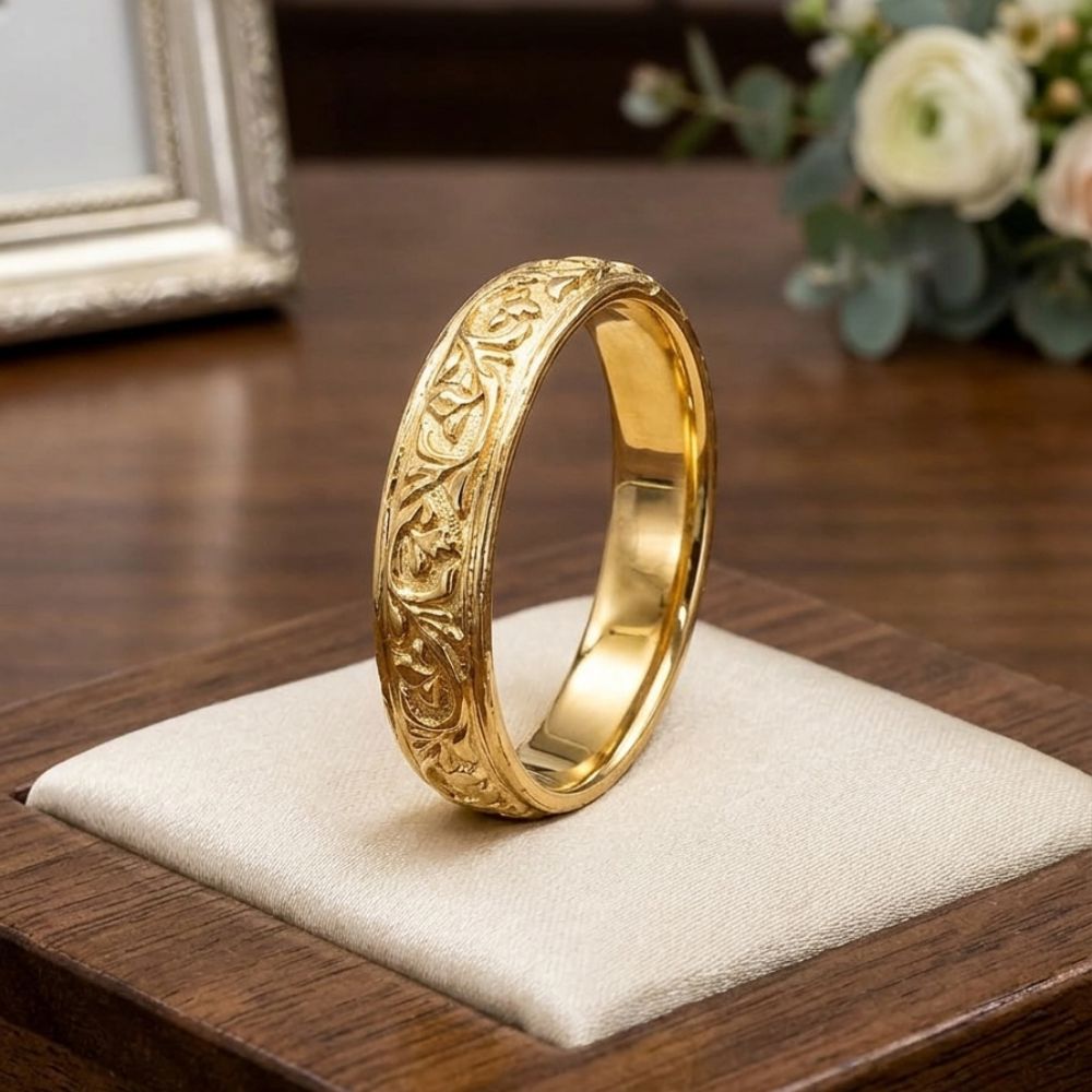 14K Yellow Gold Floral Engraved Wedding Band
